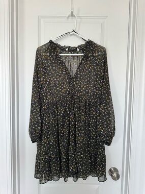 Zara Black Floral Long-Sleeve Tiered Mini Dress Sz Small